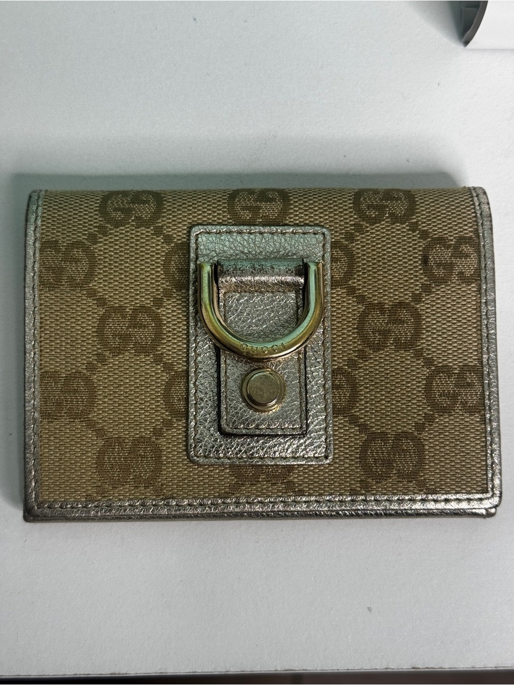 Gucci Beige Monogram Canvas Card Case with Metallic Trim